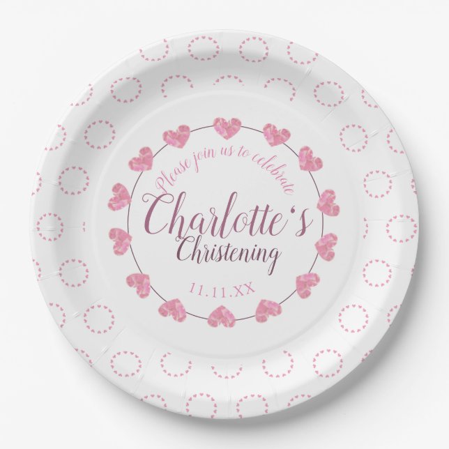 Baby girl Christening pink & white flower plate (Front)
