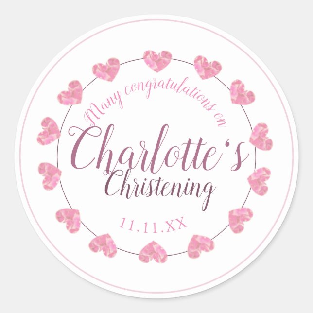 Baby girl christening pink & white heart gift classic round sticker (Front)