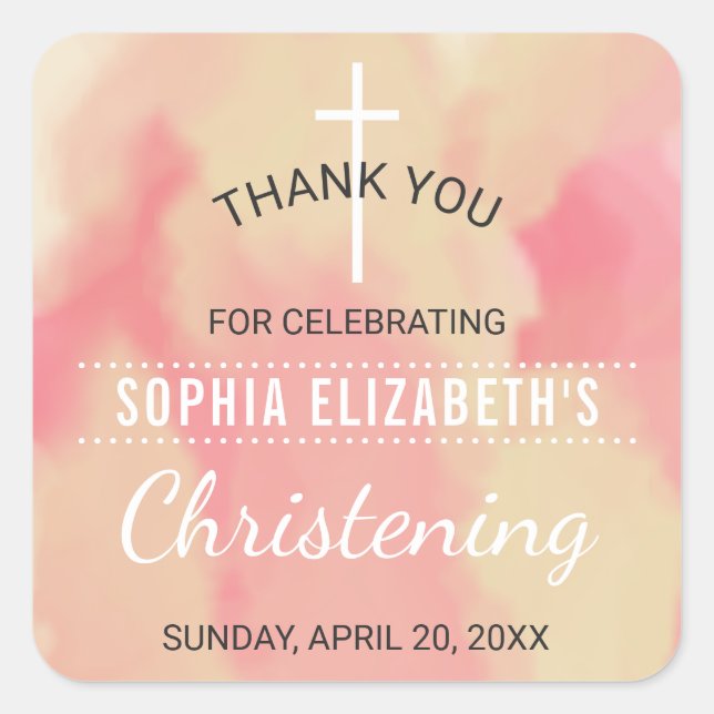 Baby Girl Christening Thank You Square Sticker (Front)