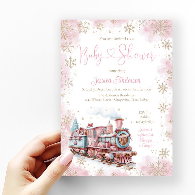 Baby Girl Christmas Train Holiday Baby Shower Invitation (Pink and gold snowflake baby shower invitation with cute pastel Christmas train.)