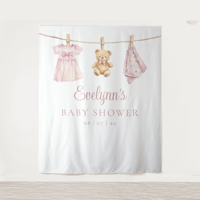 Baby Girl Clothesline Baby Shower Photo Backdrop Tapestry (Front)