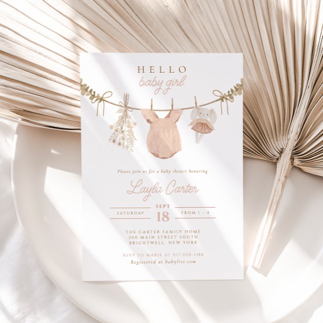 Baby Girl Clothesline Blush Pink Boho Baby Shower Invitation (Creator Uploaded)