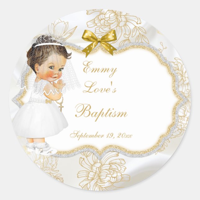 Baby Girl Communion Baptism Gold Cross Classic Round Sticker (Front)