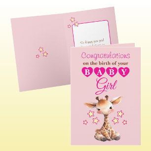 Baby girl congratulations giraffe pink card