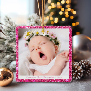 Baby Girl Custom My First Christmas Pink Glitter Ceramic Ornament