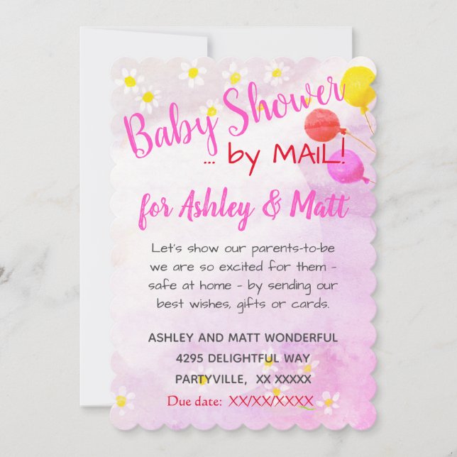 Baby Girl Daisies Balloons Pink Baby Shower Invitation (Front)