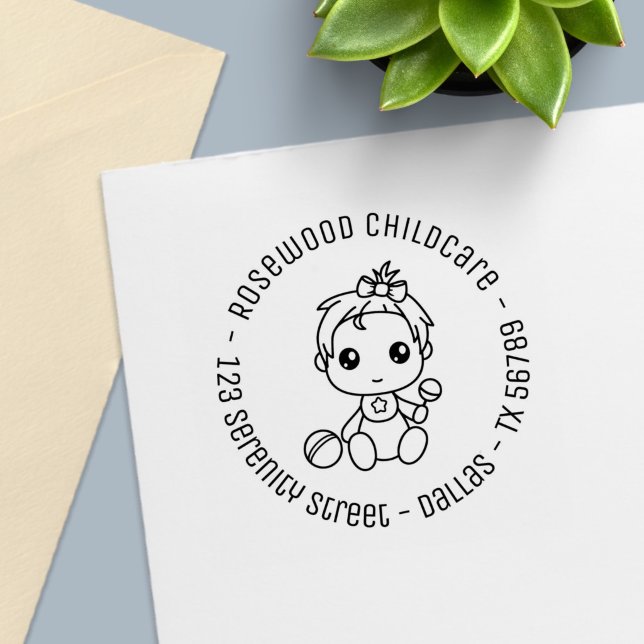 Baby Girl Daycare Childcare Round Address 2 Self-inking Stamp (Creator Uploaded)