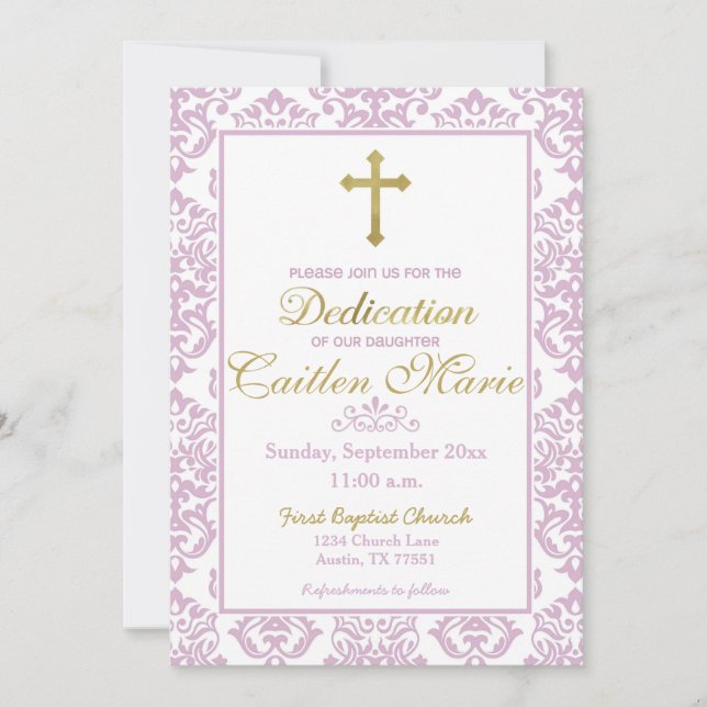Baby Girl Dedication Invitation Pink and Gold (Front)