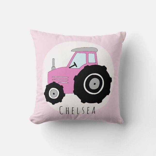 Baby Girl Doodle Pink Tractor with Name Nursery Cushion (Front)