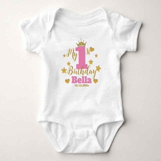 Baby Girl Elegant 1st Birthday & Gold Crown Custom Baby Bodysuit (Front)