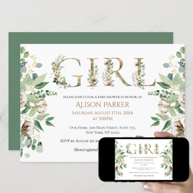 Baby Girl Elegant Eucalyptus Greenery Baby Shower Invitation (Creator Uploaded)
