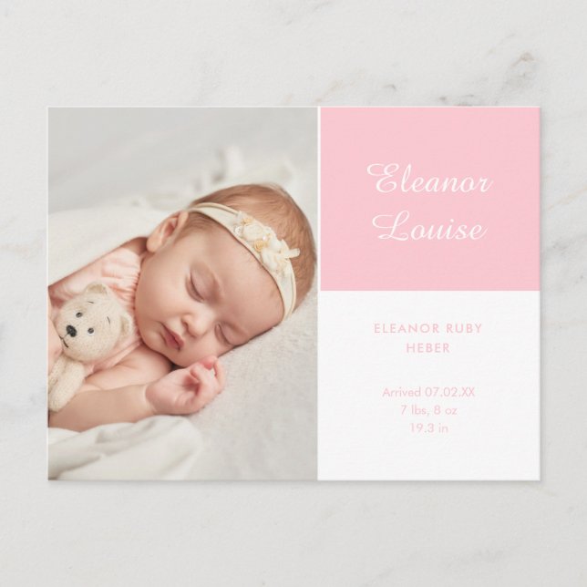 Baby Girl Elegant Script Photo Pink Birth Announcement Postcard (Front)