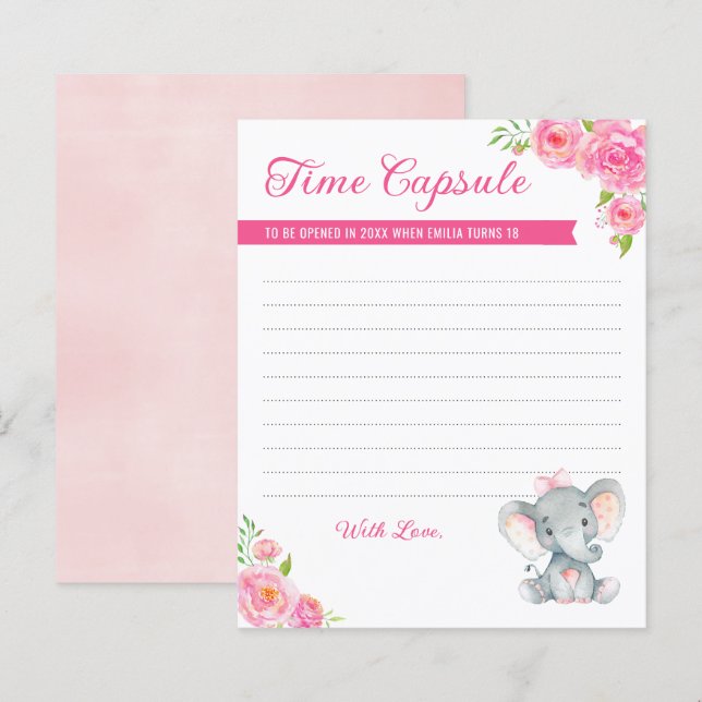 Baby Girl Elephant 1st Birthday Time Capsule Cards (Front/Back)