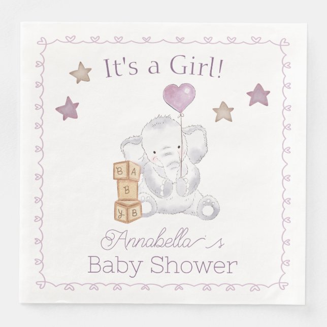 Baby Girl Elephant and Cute Balloon Watercolor Napkin (Front)