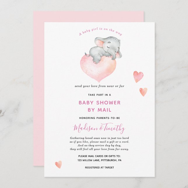 Baby Girl Elephant Baby Shower By Mail Invitation (Front/Back)