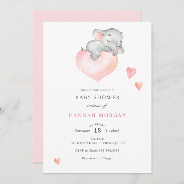 Baby Girl Elephant Baby Shower Invitation (Front/Back)