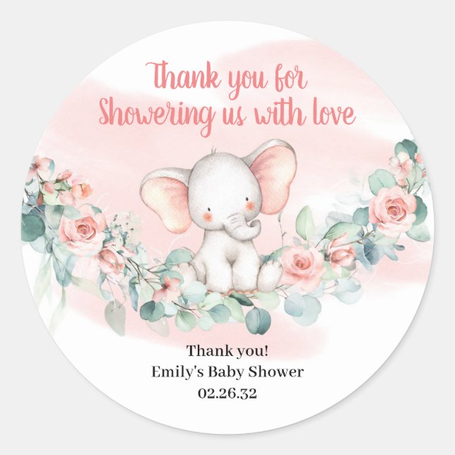 Baby Girl elephant blush floral eucalyptus wreath Classic Round Sticker (Front)