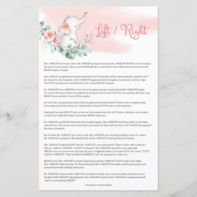 Baby Girl Elephant eucalyptus Left Right game  (Front)