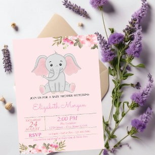 Baby Girl Elephant, Floral Baby Shower Invitation