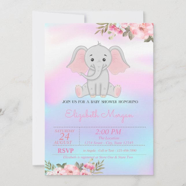 Baby Girl Elephant, Floral Holographic Baby Shower Invitation (Front)