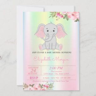 Baby Girl Elephant, Iridescent Floral Baby Shower Invitation