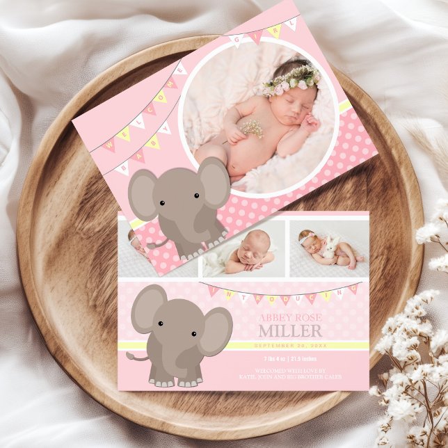 Baby Girl Elephant Photo Birth Announcement (Photo Baby Girl Birth Announcement with Elephant)