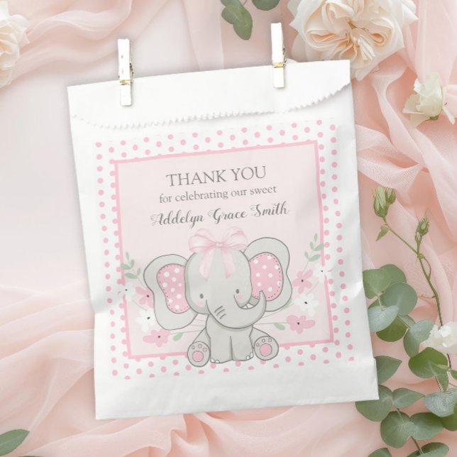 Baby Girl Elephant Pink Polka Dot Sip See Shower Favour Bags (Baby elephant pink and white polka dot baby girl shower/sip and see guest favor bag)