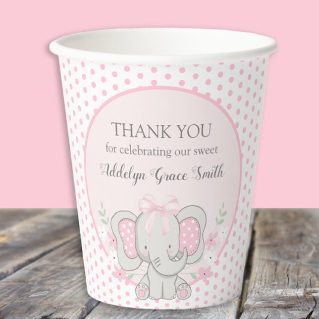 Baby Girl Elephant Pink Polka Dot Sip See Shower Paper Cups (Cute baby girl elephant baby shower paper cups)