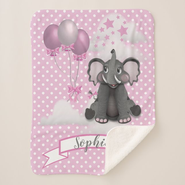 Baby Girl Elephant Pink Polka Dots | Balloons Name Sherpa Blanket (Front)