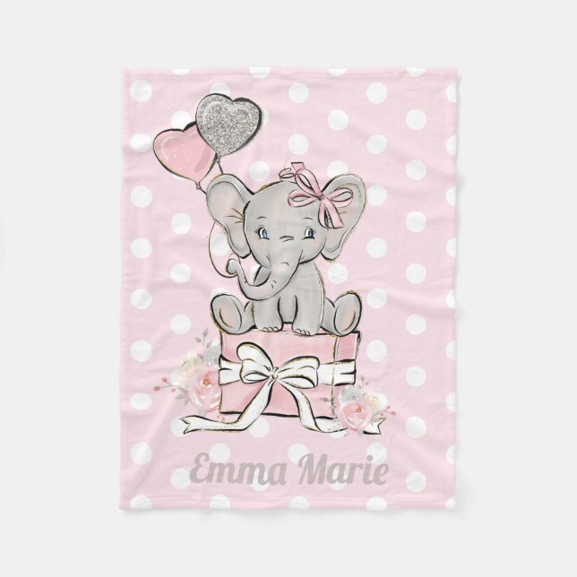 Baby Girl Elephant Pink Silver Glitter Balloons Fleece Blanket (Front)
