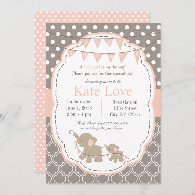 Baby Girl Elephant Shower Invitation - Pink (Front/Back)