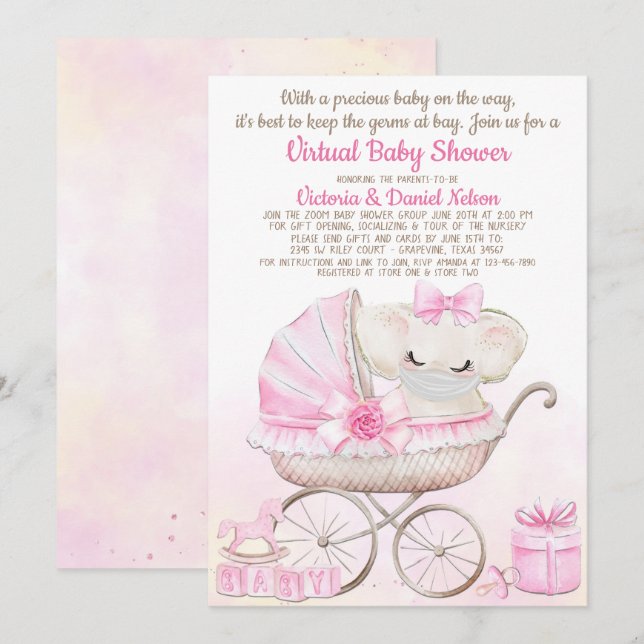 Baby Girl Elephant with Mask Zoom Baby Shower Invitation (Front/Back)