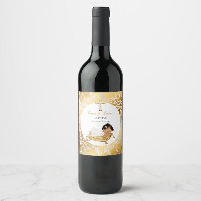 Baby Girl Ethnic Christening Baptism Gold Silver Wine Label (Front)
