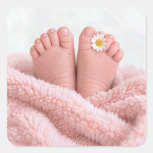 Baby Girl Feet with a White Daisy Square Sticker