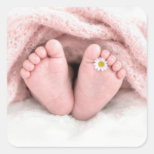 Baby Girl Feet with a White Daisy Square Sticker
