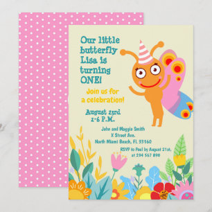 Baby girl first birthday butterfly party  invitation