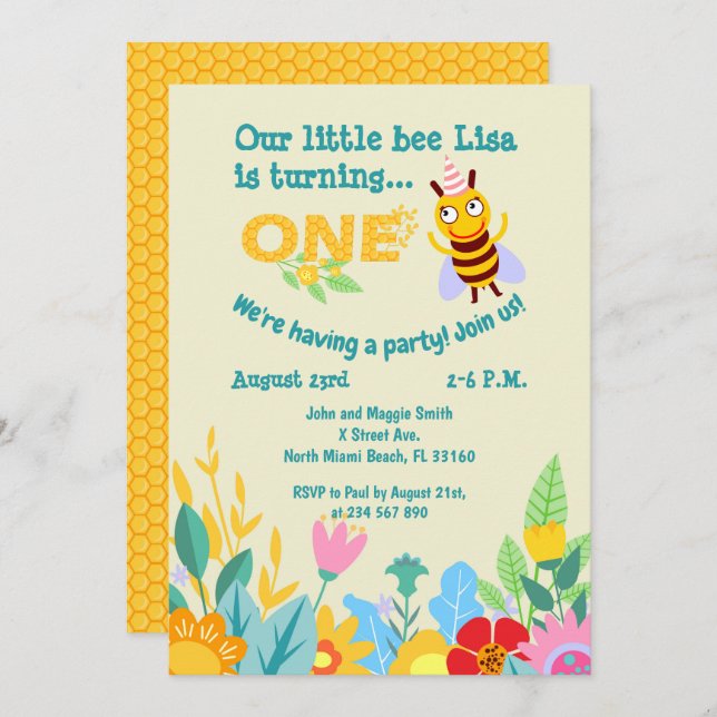 Baby girl first birthday little bee party  invitat invitation (Front/Back)