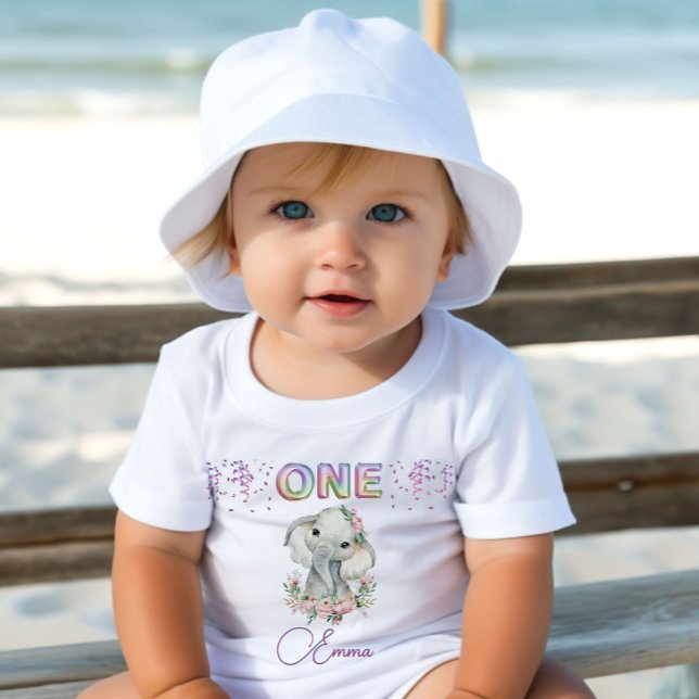 Baby Girl First Birthday Name Elephant Cute One    Baby T-Shirt (Creator Uploaded)