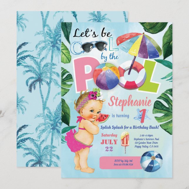 Baby girl first birthday pool party tropical invitation (Front/Back)