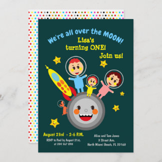 Baby girl first birthday space party invitation