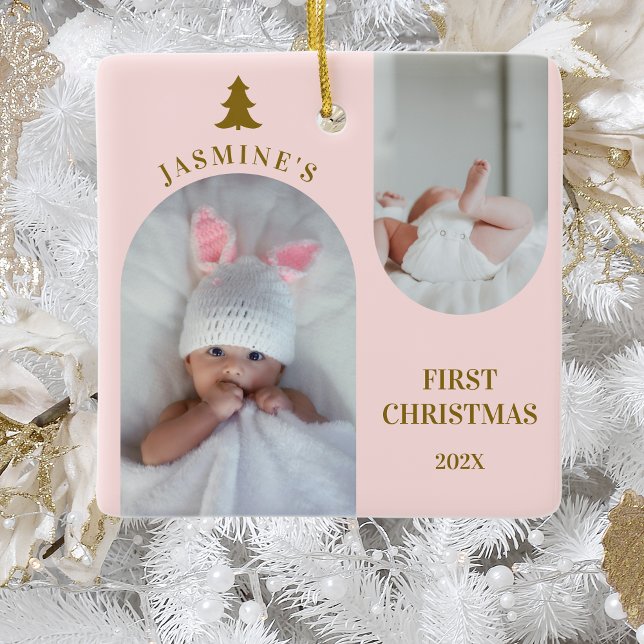 Baby Girl First Christmas Arch Photo Blush Pink  Ceramic Ornament (Creator Uploaded)