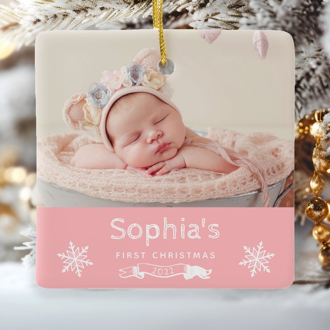 Baby Girl First Christmas Custom Photo Pink Ceramic Ornament (Creator Uploaded)