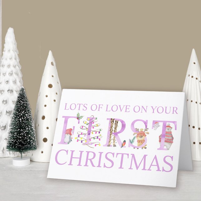 Baby Girl First Christmas Cute Animal Personalised Holiday Card (Baby Girl 1st Christmas Card. Buy professionally printed or as a printable digital download.)