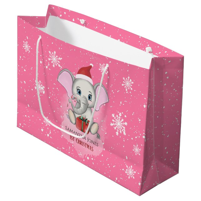 Baby Girl First Christmas Cute Elephant Holidays Large Gift Bag (Front Angled)