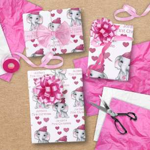 Baby Girl First Christmas Elephant Pink Name Wrapping Paper Sheet