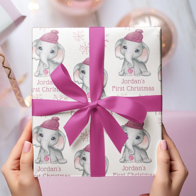 Baby Girl First Christmas Elephant Pink Snow Name Wrapping Paper Sheet (Creator Uploaded)