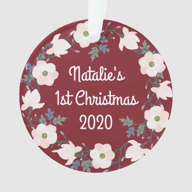 Baby Girl First Christmas Floral Burgundy Photo Ornament (Front)