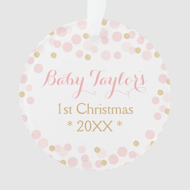 Baby Girl First Christmas Ornament, Pink Gold Dots Ornament (Front)