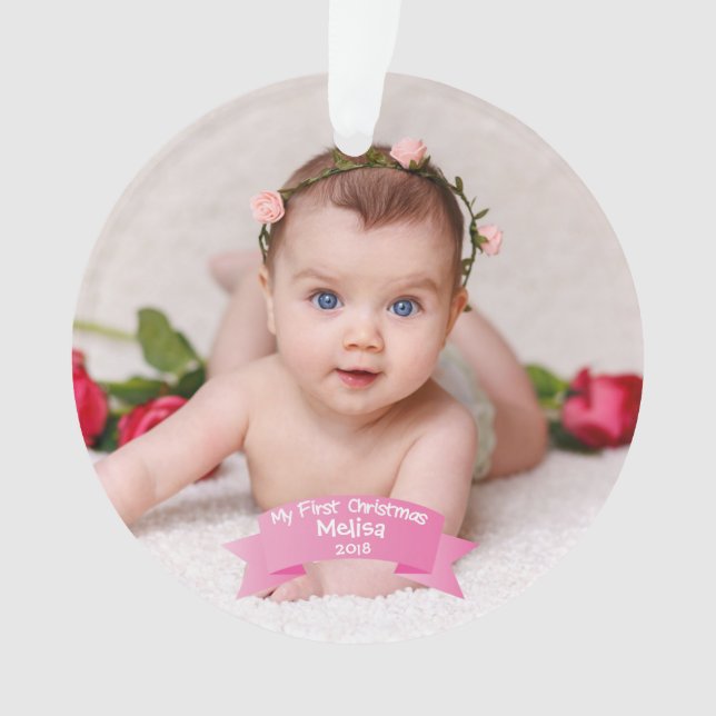 Baby Girl First Christmas Photo Acrylic Ornament (Front)