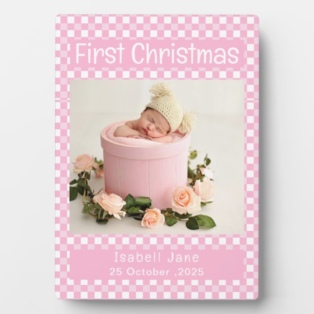 Baby Girl First Christmas Photo Collage  Pink  Plaque (Front)